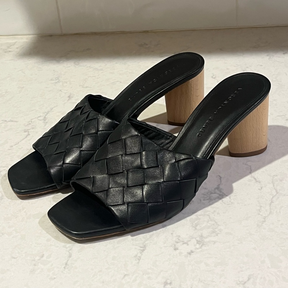 Veronica Beard Kiele Leather Woven Strap Block-Heel Mules Size 9